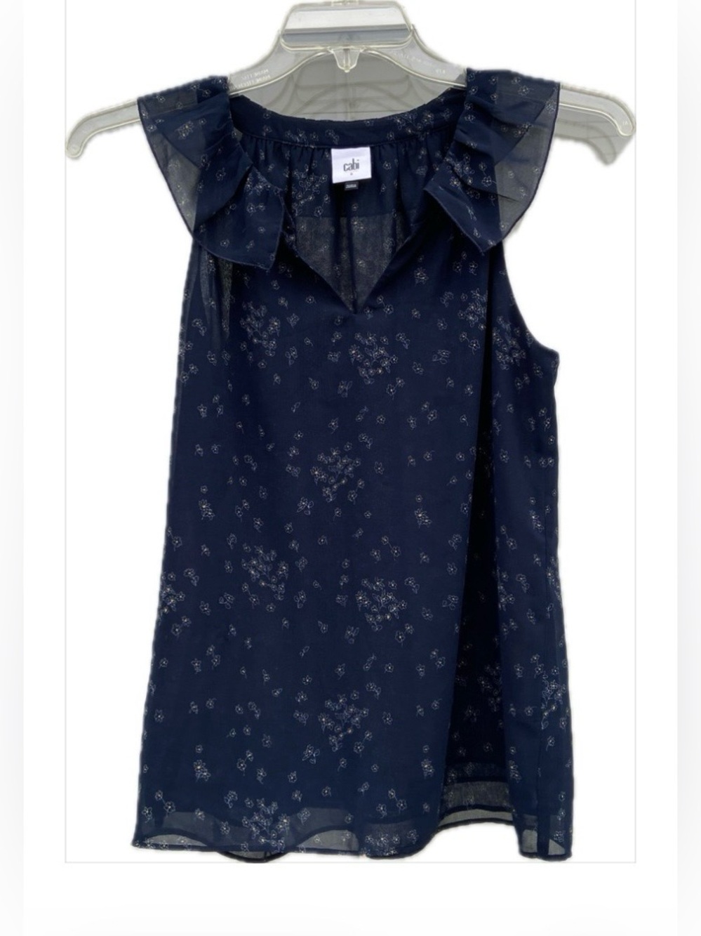 CAbi Navy Floral Ruffle-Neck Sleeveless Camisole